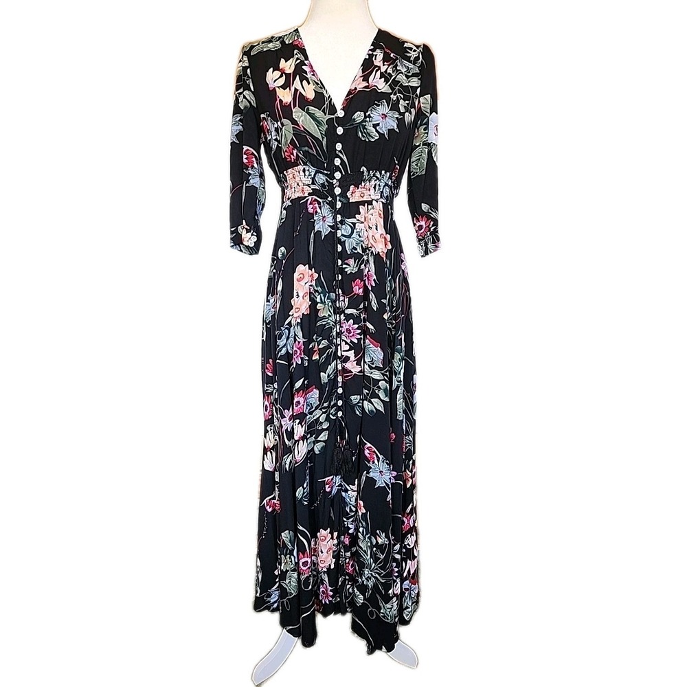Womens Boho Floral Maxi Dress Sz L Empire Waist A-Line Black Button Dark Cottage